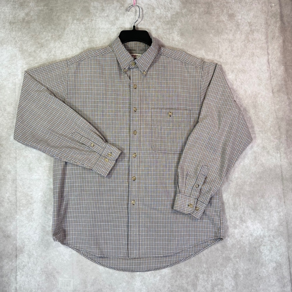 Wrangler Button Down Men Large Blue Brown Plaid Rugged Wear Long Sleeve Outdoor